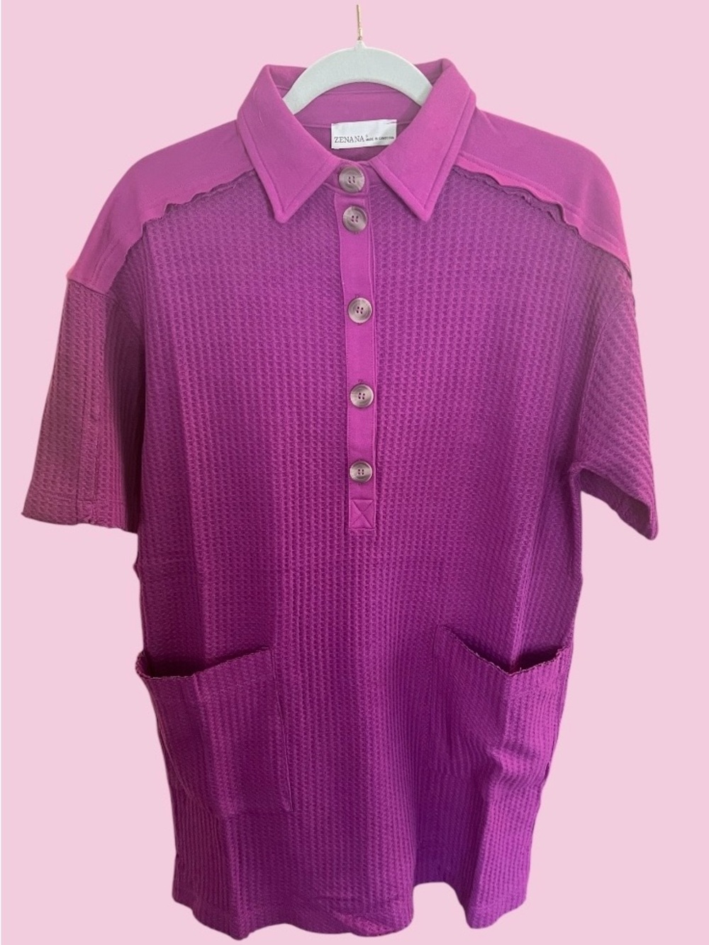 Zenana  Vibrant Magenta Waffle Print Collared Mini Dress